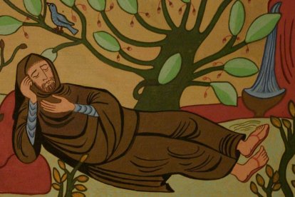 El éxtasis de San Virila, una obra del siglo XX que se exhibe en el pasillo que desciende a la cripta del monasterio de Leyre.