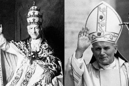 León XIII y San Juan Pablo II, separados por un siglo. Tiempos distintos, Papas distintos y mensajes básicamente coincidentes: 'Rerum novarum' (1891) y 'Centesimus annus' (1991).