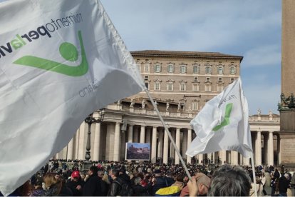 Militantes del Movimiento por la Vida Italiano en febrero de 2025 en el Ángelus del Papa