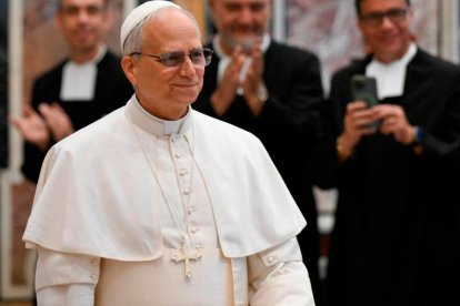 León XIV, durante una recepción a los religiosos de La Salle.