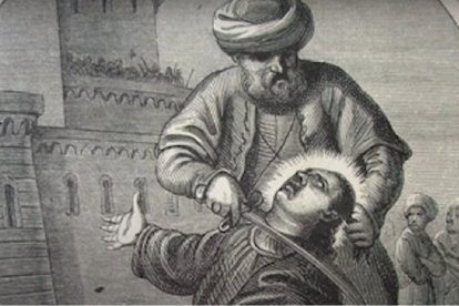 Un grabado recrea la ejecución del joven Pelagio, de 14 años, asesinado por resistirse al apetito homosexual de Abderramán III