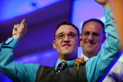 Jacob Grein, durante la ceremonia en que fue galardonado por su espíritu inspirador en su empleo, feliz y esperanzado pese a su situación muchas veces crítica.