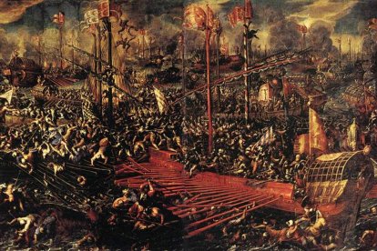 'La batalla de Lepanto' de Andrea Vicentino (c. 1605, detalle), en la Sala del Senado del Palacio Ducal de Venecia, que evoca el hecho histórico que dio origen a la festividad de Nuestra Señora del Rosario.
