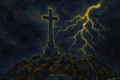 Interpretación artística generada con IAG mediante un modelo de creación de imágenes, que reimagina el monumento bajo una noche turbulenta, con pinceladas inspiradas en Van Gogh y relámpagos que atraviesan el cielo.