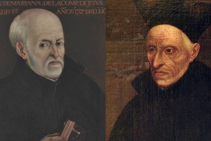 Dos jesuitas y dos gigantes del pensamiento español: Juan de Mariana (1536-1624), en un retrato de Matías Moreno (1878); Francisco Suárez (1548-1617), en un retrato de Juan de Sevilla Romero y Escalante (1667).