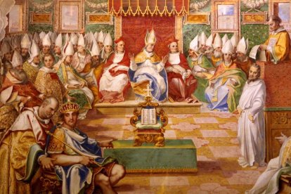 El Concilio de Nicea, en un fresco del Salón Sixtino del Vaticano (c. 1590) obra de Giovanni Guerra, Cesare Nebbia et al.