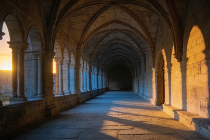 Un claustro medieval bañado por la luz del atardecer recuerda el silencio habitado donde nació la vida monástica que sostiene, en silencio, el alma de Occidente.