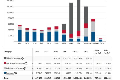 Histórico de las deportaciones (Removals en azul, sin contar el Título 42) por año en Estados Unidos, según la Oficina de Estadísticas de Seguridad Nacional.