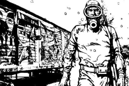 Imagen icónica de Juan en El Eternauta, con sus gafas de submarinismo, afrontando la nevada mortal