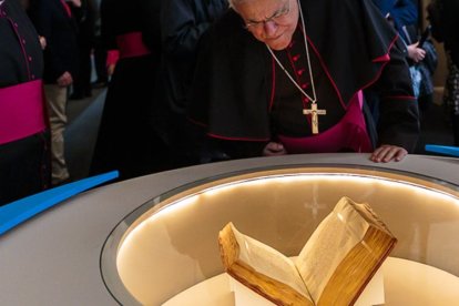 El obispo emérito de Córdoba, Demetrio Fernández, examina una de las piezas expuestas en 'Símbolo: Luz de Nicea'.