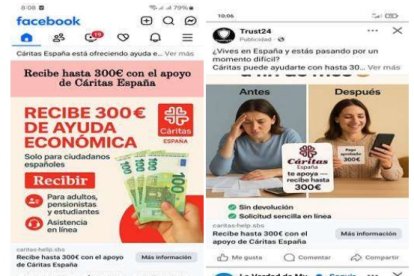 Ejemplo de los mensajes estafadores que se hacen circular, simulando ser ayudas de Cáritas