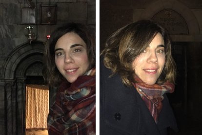 Rosa Vera en 2017 en Belén, antes y después de pasar por la gruta del Nacimiento de Jesús; sólo unos minutos separan las dos fotos