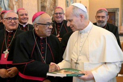 León XIV saluda el viernes al presidente de la Conferencia Episcopal Peruana y obispo de Lurín, Carlos García Camader.
