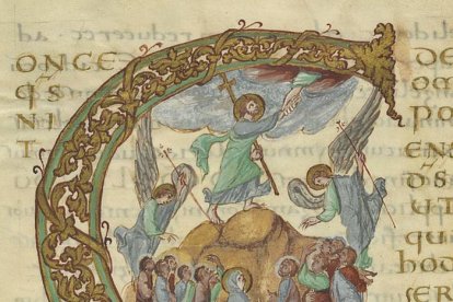 La Ascensión en el Sacramentario de Drogo (detalle).