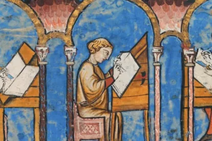 Miniatura del Libro de los juegos de Alfonso X en la que se ve un monje en un scriptoria copiando un texto. (Real Biblioteca de El Escorial, ms. T-I-6, f. 1v).