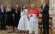 El Rey, la Reina, la Princesa Leonor y la Infanta Sofía con el Papa León XIV en la Sala de las Columnas del Palacio Real en Madrid