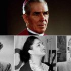 El obispo Sheen y tres de sus conversos: de izquierda a derecha, Clare Boothe Luce, Bella Dodd, Louis Budenz.