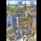 Ilustración de 1448 para el 'Girart de Roussillon [Gerardo del Rosellón]', cantar de gesta del siglo XII. La miniatura representa a los canteros de Saint Denis construyendo doce iglesias en honor de los Doce Apóstoles.