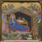 La Natividad de Duccio di Buoninsegna (1308), concebida para la catedral de Siena, donde el Misterio aparece flanqueado por los profetas Isaías y Ezequiel, como recordatorio de sus profecías cumplidas.