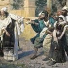 Le traen una mujer sorprendida en adulterio.