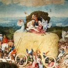 El Carro de Heno, de El Bosco, en torno a 1502: la tabla derecha representa el infierno como una casa incandescente.