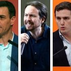 De izquierda a derecha: Pablo Casado (PP), Pedro Sánchez (PSOE), Pablo Iglesias (Unidas Podemos), Albert Rivera (Ciudadanos) y Santiago Abascal (VOX)