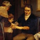 Jenner vacunando a James Phipps. Óleo pintado por Earnest Board (1920)