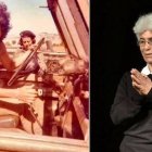 Jocelyne Khoueiry, en dos momentos muy distintos de su vida: a la izquierda, durante la guerra por la liberación del Líbano; a la derecha, en una conferencia en el Vaticano el 8 de marzo de 2014.