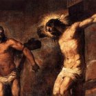 Su fe en Cristo como Salvador capaz de lavar sus pecados por pura misericordia llevó al Cielo al arrepentido San Dimas. Tiziano,  «Jesucristo y el Buen Ladrón» (detalle), 1566.