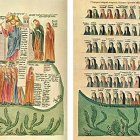 Páginas del "Hortus Deliciarum" (c. 1180) de Herrada de Landsberg (Herrad von Landsberg). Ella se autorretrató en la página de la derecha, abajo a la derecha.