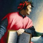 Dante sostiene la Divina Comedia, abierta en el Canto XXV del Paraíso, mientras contempla la montaña del Purgatorio, en una obra de un maestro florentino desconocido del siglo XVI.