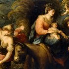 Avisado en sueños, tras la Adoración de los Reyes Magos, de que Herodes quería matar a Jesús, San José tomó a la Virgen María y al Salvador y partió de Belén. «La huida a Egipto» (detalle) de José Moreno (1670). Museo del Prado.