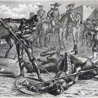 Don Quijote, vencido por el caballero de la Blanca Luna. Grabado de Celestino Sadurní sobre un dibujo de Ramó Puiggarí para una edición del Quijote de 1876.