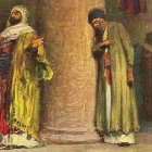 Con la parábola del fariseo y el publicano (Lc 18, 9-14), Jesucristo enseñó que el pecador arrepentido siempre es bien recibido en la casa de Dios. Imagen: postal de Anton Robert Leinweber (1845-1921), Todocoleccion.net