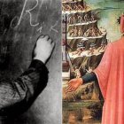 Albert Einstein explicando en su pizarra y Dante Alighieri con la Divina Comedia en las manos, en una tela de Domenico di Michelino (1465) que se conserva en la catedral de Florencia.