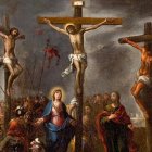 En la representación del Calvario de Andrés Pérez (1660-1727) se marca la diferencia entre el Buen Ladrón, asemejado a Jesucristo, y el crucificado a Su izquierda, que Le insultaba.