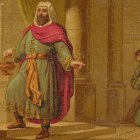 Viñeta francesa representando la parábola (Lc 18, 9-14) del fariseo ('¡Oh Dios!, te doy gracias porque no soy como los demás hombres') y del publicano ('¡Oh Dios!, ten compasión de este pecador').