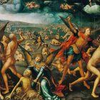 Jean Bellegambe (1470-1536), 'Juicio final' (detalle). En primer término, vemos la resurrección de los cuerpos y el contrapuesto trato que reciben los resucitados por parte de unos ángeles u otros, según vaya a ser su destino eterno.