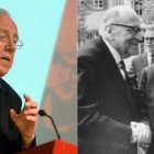 En la foto de la izquierda, Alasdair MacIntyre (n. 1929). En la foto de la derecha, Max Horkheimer (1895-1973, izquierda) y Theodor Adorno (1903-1969).