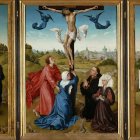 María Corredentora, a los pies de la Cruz, en el tríptico de la Crucifixión (c. 1445) de Rogier van der Weyden, que se conserva en el Museo de Historia del Arte de Viena.