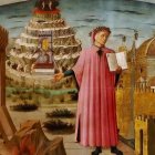 Alegoría de Dante y la Divina Comedia, tela de Domenico di Michelino (detalle, 1465) para la catedral de Florencia. La concepción de la política del poeta florentino se expresa sobre todo en su tratado sobre la monarquía.