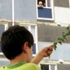 Un niño con una planta verde, signos de esperanza en los barrios HLM, grises, sucios, empobrecidos, envejecidos