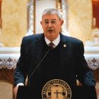 George Weigel, durante una conferencia de principios de abril en la iglesia del Sagrado Corazón de Shawnee (Kansas).