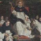 Santo Tomás de Aquino como fuente de sabiduría de la que todos beben (también la doctrina social de la Iglesia), en un cuadro de 1648 de Antoine Nicolas en Notre-Dame de París.