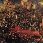 'La batalla de Lepanto' de Andrea Vicentino (c. 1605, detalle), en la Sala del Senado del Palacio Ducal de Venecia, que evoca el hecho histórico que dio origen a la festividad de Nuestra Señora del Rosario.