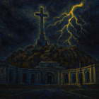 Interpretación artística generada con IAG mediante un modelo de creación de imágenes, que reimagina el monumento bajo una noche turbulenta, con pinceladas inspiradas en Van Gogh y relámpagos que atraviesan el cielo.