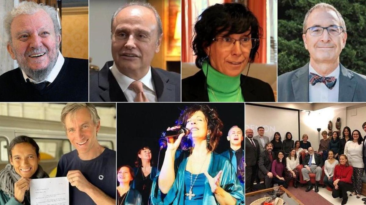 De izquierda a derecha y de arriba abajo: Kiko Argüello, José Carlos González-Hurtado (EWTN), Marta Sanz Lovaine, Horacio Silvestre (IES San Mateo), Reina y Romain (Misericordia), Matina y Gospel Libertad, equipo de Fertilitas.