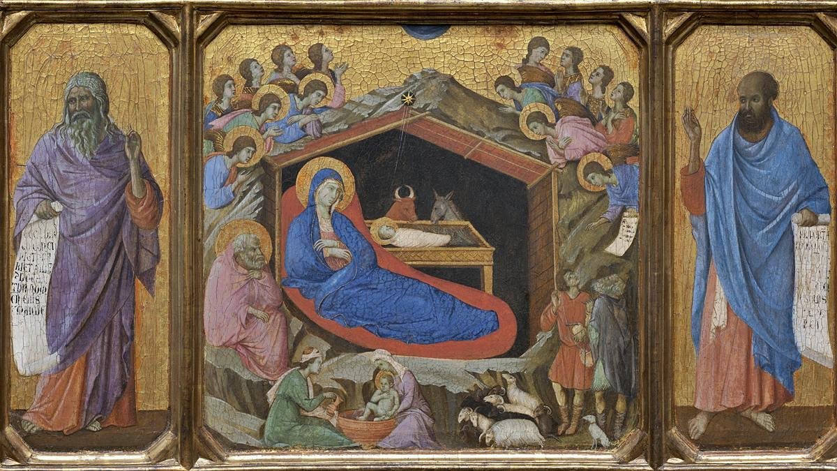 La Natividad de Duccio di Buoninsegna (1308), donde el Misterio aparece flanqueado por los profetas Isaías y Ezequiel, como recordatorio de sus profecías cumplidas.