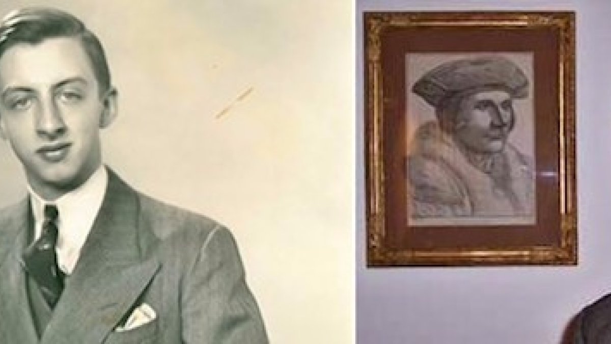 Dunstan Thompson, en una foto de 1936; a la derecha, Philip Trower bajo un retrato de Santo Tomás Moro.