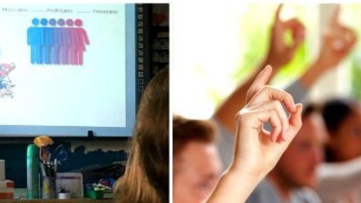 La ayudante de Leo junto a la pantalla de clase con los gráficos de ideología de género explicada a padres de familia